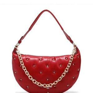 Nicole Lee Red Shoulder Bag Crescent Shape Silver Chain Detail
